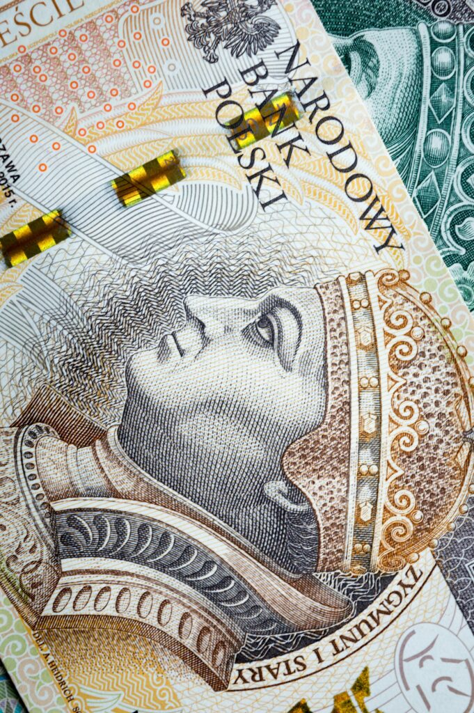 Close-up of Polish Zloty banknote featuring intricate designs and a historic portrait.