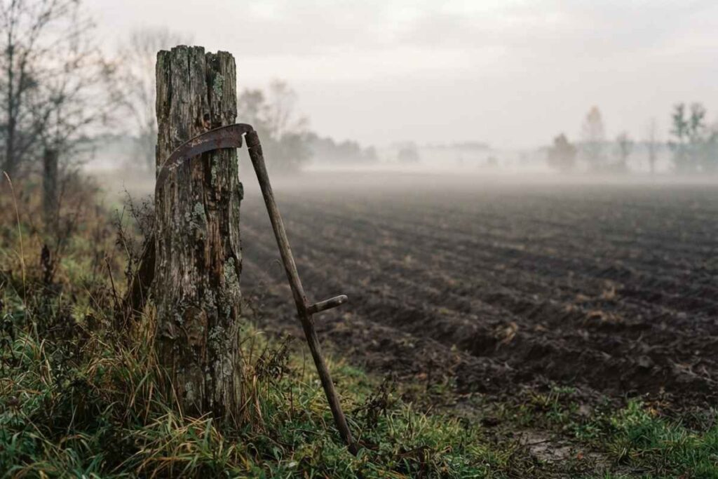 Odszkodowanie za opór przeciwko kolektywizacji wsi, stara kosa przy słupku na granicy pola, represje wobec rolników w PRL